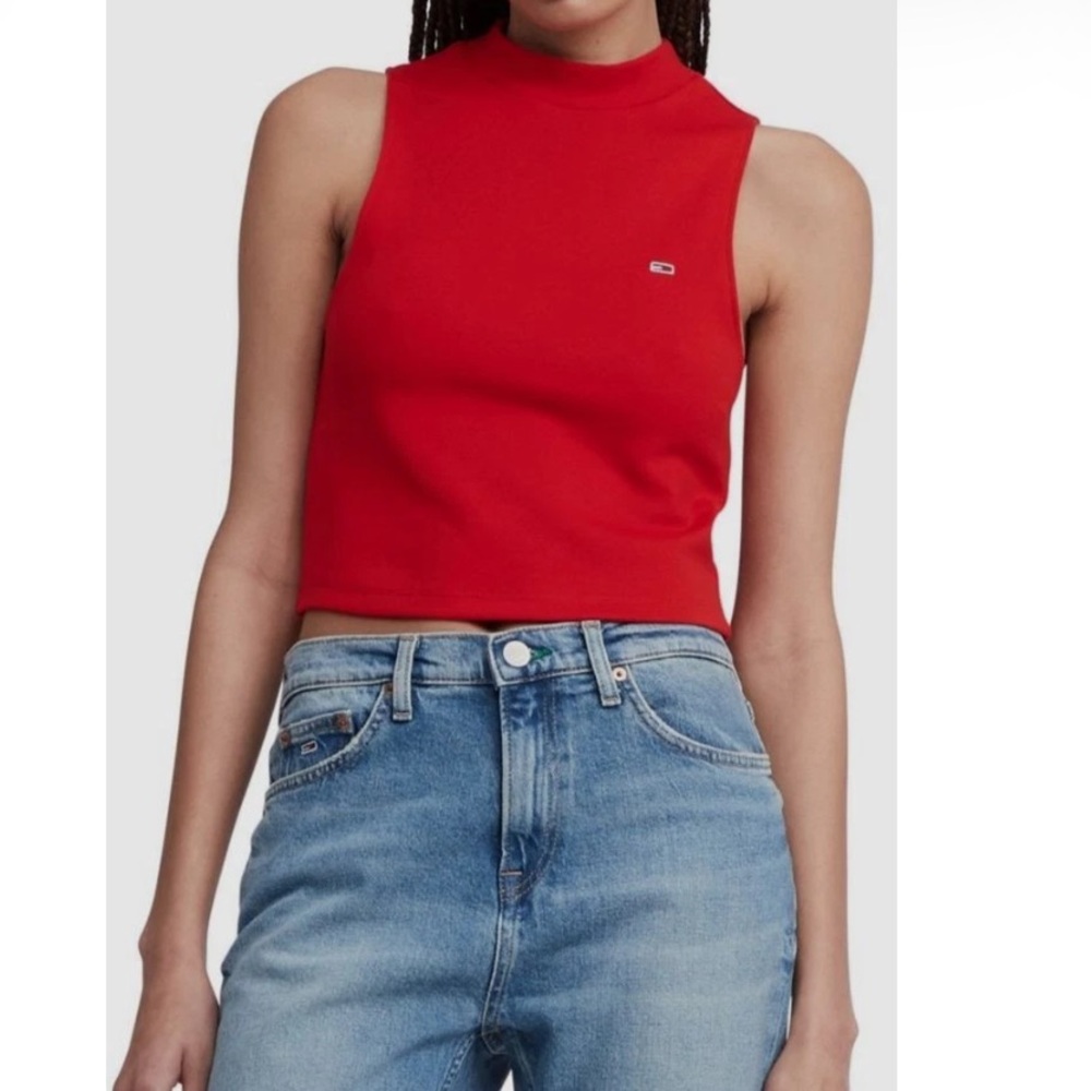 Tommy Jeans Women's Red Cropped Mockneck Sleeveless Top Size L